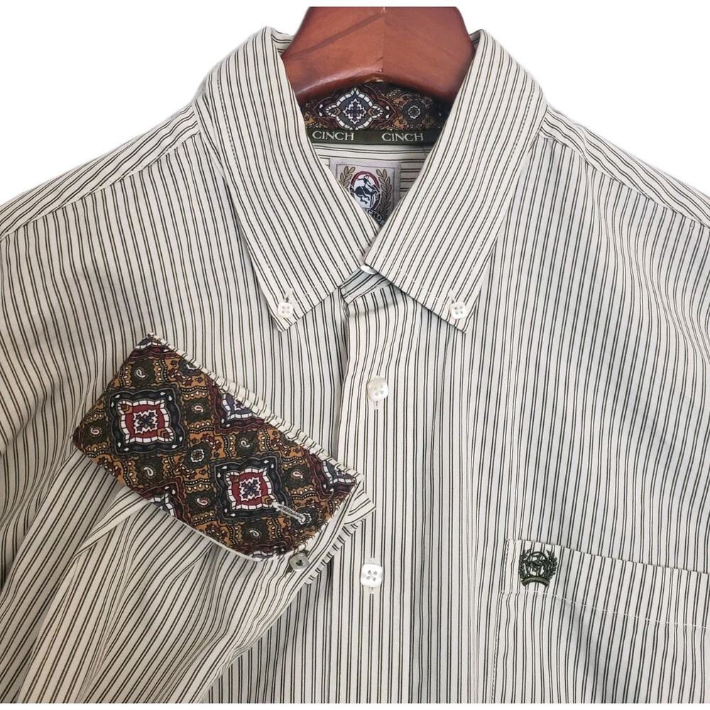 Cinch Men's Sz M LS Dress Shirt Cream Brown Striped 100% Cotton Contrast Cuff